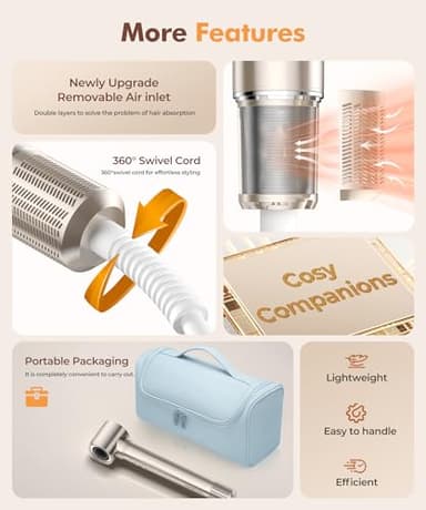 6-in-1 Hair Dryer Brush, Hair Styler with Automatic Curlers, 150,000 RPM High-Speed Negative Ionic Hair Dryer Fast Drying, Blow Dryer Brush for Curling/Volumizing/Straightening with Travel Bag, Gold - Image 9