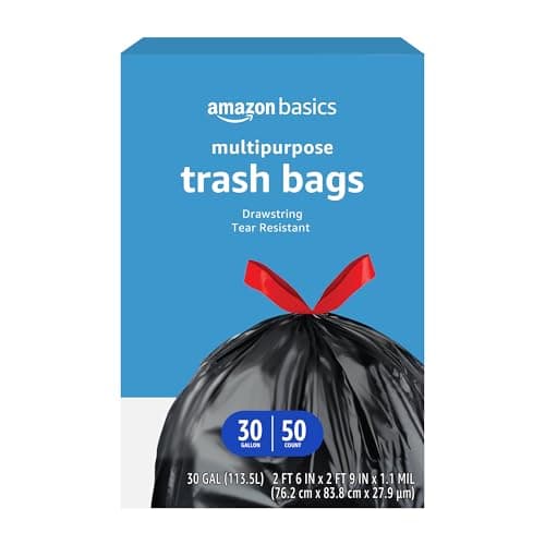 Amazon Basics Multipurpose Drawstring Trash Bags, 30 Gallon, 50 Count (Previously Solimo) - Image 1