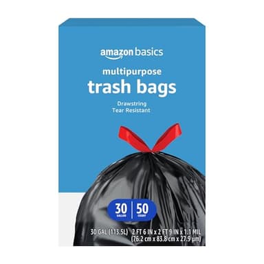 Amazon Basics Multipurpose Drawstring Trash Bags, 30 Gallon, 50 Count (Previously Solimo) - Image 1