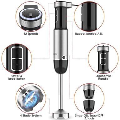 Immersion Blender Handheld for Kitchen,Emulsion Blender Handheld with Titanium Blades,12 Speed Electric Hand Mixer with BPA Free Attachments:Chopper Bowl,Whisk,Milk Frother,Measuring Cup - Image 2