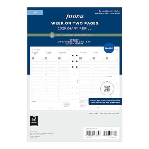 Filofax Calendar Diary Refill, A5 Size, Week-to-View with Appointments, White Paper, English, 2025 (C68521-25) - Image 1