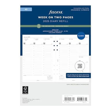 Filofax Calendar Diary Refill, A5 Size, Week-to-View with Appointments, White Paper, English, 2025 (C68521-25) - Image 1