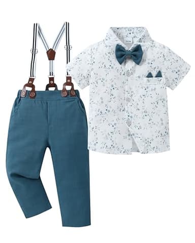 YALLET Toddler Baby Boy Clothes Suit Gentleman Wedding Outfits, Formal Dress Shirt+Bowtie+Suspender Pants(Blue Print, 3-4T) - Image 1