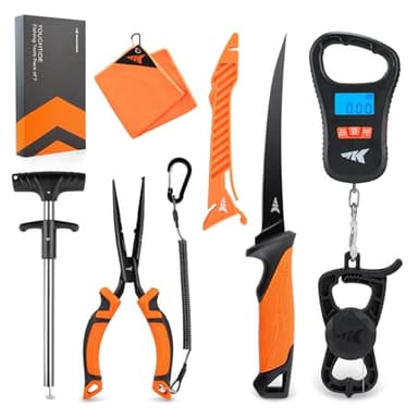 KastKing ToughTide 7pc Fishing Tool Kit, Rechargeable Digital Fish Scale with Lip Grip & Tape Measure, 7” Fillet Knife with Sheath & Sharpener, 8” Split Ring Pliers, Hook Remover, Microfiber Towel - Image 1