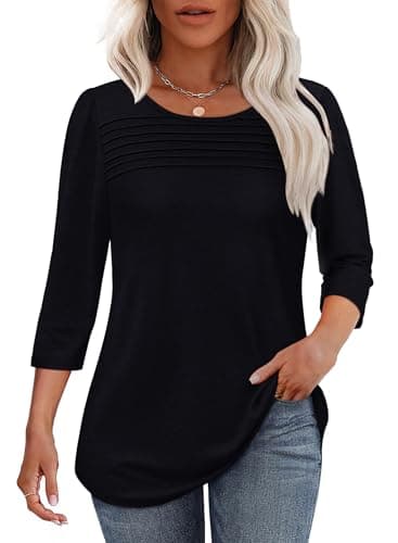 Blouses for Women Dressy Casual 3/4 Length Sleeve Trendy Spring Fashion 2025 Flowy Cute Summer Tops Scooped Neck Black Beach Vacation Clothes M - Image 1