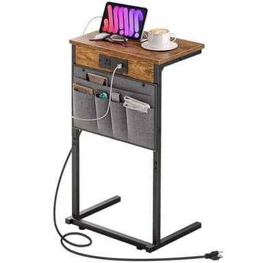 HOOBRO C Shaped End Table with Charging Station, 28" H Couch Side Table Slide Under, Sofa Arm Tray Table with Storage Bag for Living Room, Recliner, Rustic Brown BF70USF01 - Image 1