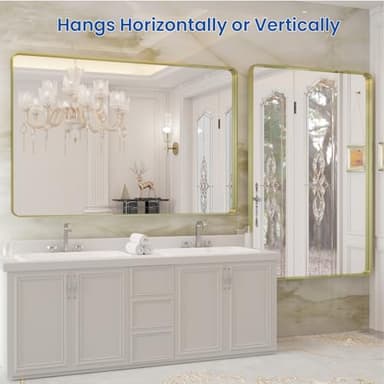 WEER Gold Bathroom Mirror, 48X32 Inch Brushed Gold Metal Frame Mirror, Rounded Rectangle Gold Bathroom Vanity Mirror for Wall, Tempered Glass, Anti-Rust, Hangs Horizontally or Vertically - Image 5