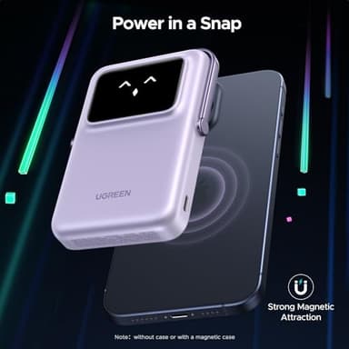 UGREEN Uno 10000mAh Magnetic Portable Charger, Qi 7.5W Wireless Power Bank, PD 20W USB C Battery Pack with Foldable Stand and TFT Display MagSafe Compatible iPhone 17/16/15/14/13/12 Series, Purple - Image 2