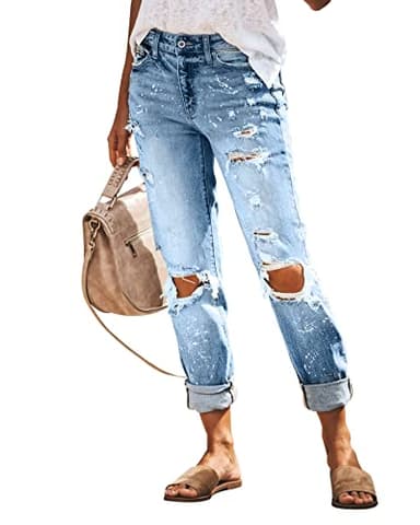 KUNMI Women's Ripped Mid Waisted Boyfriend Jeans Loose Fit Distressed Stretchy Denim Pants - Image 3