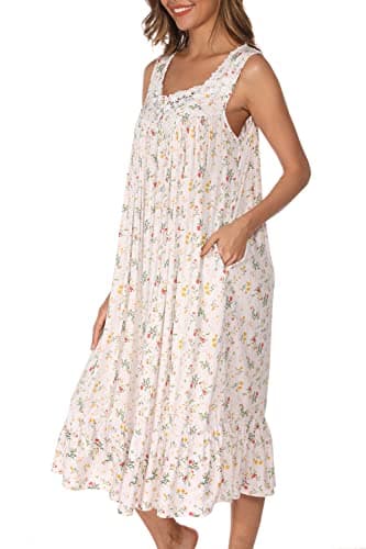 AVIIER Cotton Nightgowns for Women Sleeveless House Dress Ladies Long Nightdress with Pockets (White flowers, Small)… - Image 3