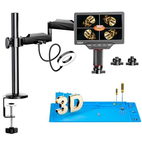 Elikliv EM3K-3D Max 3D Digital Microscope with Magnetic Dual Lens, 3K HDMI, 10.1" Flex Arm, Coin & Electronics Repair Microscope with Ring Light, 64GB Card Included - Image 1