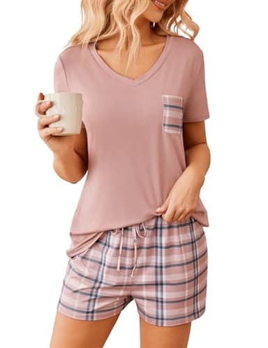 Ekouaer Womens Pajama Sets Short Sleeve Pajamas for Women Sets Soft Lounge Sets Casual V Neck Sleepwear PJS Pink Plaid - Image 1