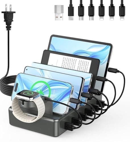 CREATIVE DESIGN 50W Fast Charging Station, 6 Port Apple Charging Station for Multiple Devices Compatible with iPhone,iPad, Tablet,Kindle ect,with 6 Short Cables and Apple Watch Holder（Space Gray） - Image 1