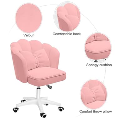 XUEGW Petal Desk Chair with Bow Cushion Velvet Vanity Chair with Wheels, Upholstered Home Office Chair for Girls Women, Mid-Back Swivel Computer Task Chairs for Living Room Bedroom - Image 3