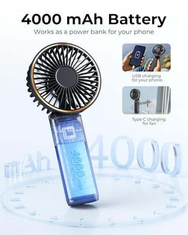 TUNISE Portable Handheld Fan, 4000mAh, 180 Adjustable, 6 Speed Wind, Display Electricity in Real Time, USB Rechargeable Foldable Personal Fan - Image 4