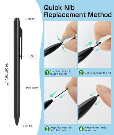Ciscle EMR Stylus Compatible with Remarkable 2, Replacement Digital Pen with Eraser, 4096 Pressure Levels, Palm Rejection, Tilt Support-5 Pen Tips (Black) - Image 6