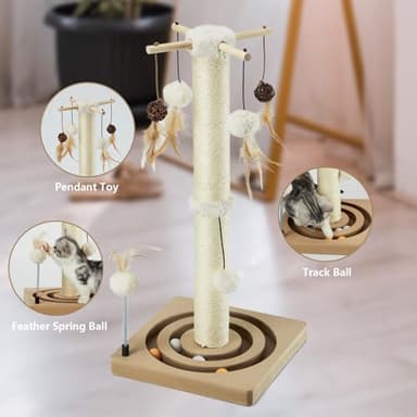 PEEKAB Cat Scratching Post Sisal Scratch Posts for Indoor Cats and Kittens with Tracking Ball Interactive Toys and Hanging Balls 25 Inches Beige - Image 2