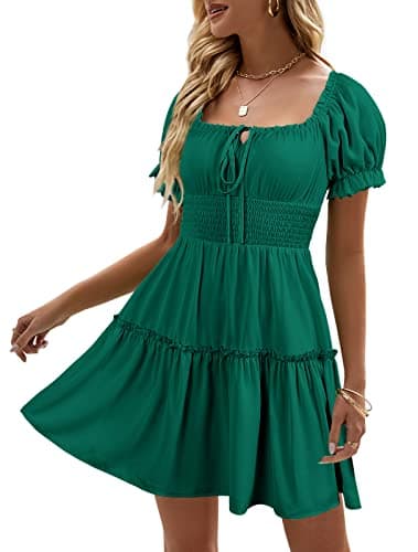 Heysolo Womens Square Neck Mini Dress Casual Short Sleeve Empire Waist Smocked Summer Babydoll Dresses - Image 1