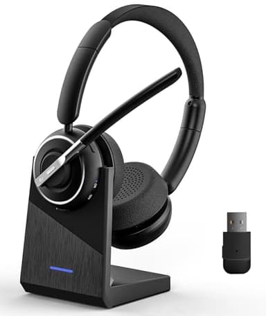 Wireless Headset, Bluetooth Headset with AI Noise Cancelling Mic, Bluetooth V5.2 Headphones with USB Dongle, Charging Base & Mic Mute for PC/Cell Phones/Call Center (Black) - Image 1