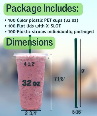 [100 SETS] 32 oz Clear Plastic Cups with Lids and STRAWS, Disposable Drinking Cups for Cold Drinks, Iced Coffee, Milkshakes, Smoothies - Image 2