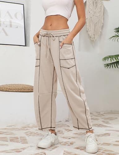 Athlisan Womens Baggy Barrel Pants Wide Leg Lounge Drawstring Sweatpants with Pockets(Khaki-M) - Image 3