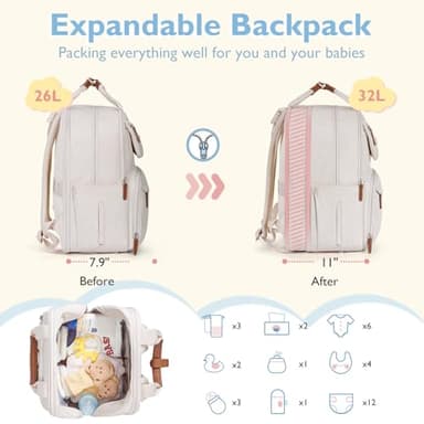 mommore Diaper Bag Backpack, Large Diaper Bag Expandable for 2 Kids/Twins, Durable Baby Bag with Changing Pad, Water Resistant Travel Diaper Backpack for Mom Dad - Image 2