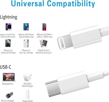 RCTech USB C to Lightning Cable 3Pack 6FT [MFi Certified] iPhone Fast Charger Cable USB-C Power Delivery Charging Cord for iPhone 14/13/12/11/XS/XR/X/8/iPad, White - Image 5