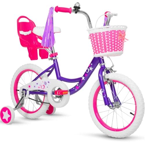 WEIZE Girls Bike for 3-5 Years Old Kids, 14 Inch Kids Bike with Training Wheels, Streamers, Basket and Doll Seat, Children Bicycles with Coaster Brake, Multiple Colors - Image 1