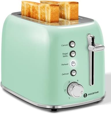 Aigostar Toaster 2 Slice Retro Toaster Stainless Steel, 1.6 inch Extra Wide Slots Bread Toaster Bagel, Cancel, Defrost Function, 6 Shade Settings & Removable Crumb Tray for Bread Waffle, Aqua Green - Image 3