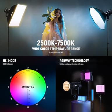 NEEWER CB200C 200W RGBWW COB LED Video Light, APP/2.4G 360° Color 2500K-7500K (Duv±0.0003) 23000lux/m Bowens Metal Shell Silent Continuous Output Lighting TLCI/CRI97+ for Photography Video Recording - Image 2