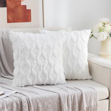Mimkus Set of 2 Faux Wool Throw Pillow Covers 18 x 18 Inch Square White Velvet Pillowcase Soft Plush Short Wool Pillowcase Decorative Pillow Covers for Sofa Living Room - Image 2