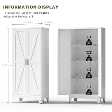 COFaR White Farmhouse Storage Kitchen Pantry Cabinet with 2 Barn Door, 3 Adjustable Shelves and Legs, for Cupboard/Dining Room/Bathroom/Living Room/Office/Laundry Room (White, 61" Farmhouse) - Image 2