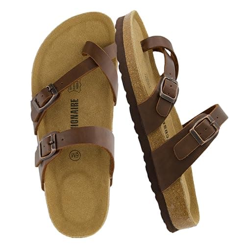 CUSHIONAIRE Luna Crossover Toe Strap Womens Sandals – Cork Footbed Slides with Adjustable Straps, Summer Sandals for Women 2025, BROWN 7 - Image 1