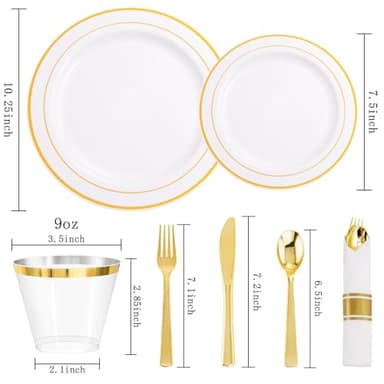 DaYammi 350PCS Gold Plastic Dinnerware Set for 50 Guests, Fancy Disposable Plates for Party, Include: 50 Dinner Plates, 50 Dessert Plates, 50 Pre Rolled Napkins with Gold Silverware, 50 Cups - Image 4