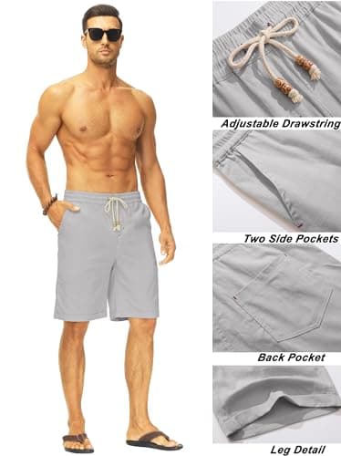 Janmid Men's Linen Shorts Casual Elastic Waist Drawstring Summer Beach Shorts Dark Grey L - Image 4