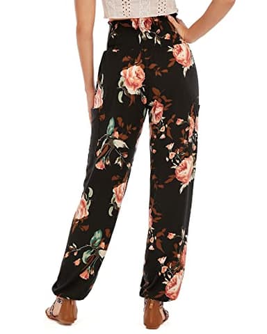 QIANXIZHAN Women's Harem Pants, High Waist Yoga Boho Trousers with Pockets Rose Black L - Image 2