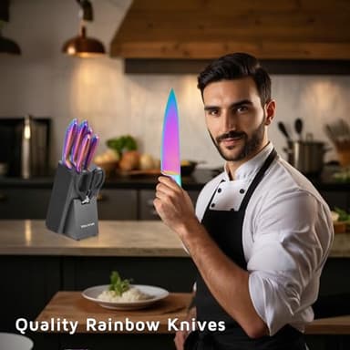 WELLSTAR Rainbow Knife Set 8 Pieces, Iridescent German Stainless Steel Kitchen Knives Set with Wooden Block, Colorful Titanium Coating, Chef’s Knife Block Set with Scissors and Built-in Sharpener - Image 8
