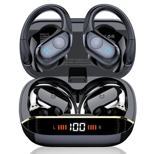 Qecnato Wireless Earbuds Bluetooth 5.4 Headphones 75H Stereo Deep Bass Sports Over Ear Buds with Earhooks, LED Display Bluetooth Earbuds with 4 ENC Mic, IP7 Waterproof Earphone for Running, Black - Image 1