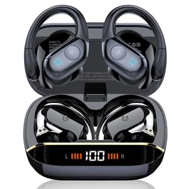 Qecnato Wireless Earbuds Bluetooth 5.4 Headphones 75H Stereo Deep Bass Sports Over Ear Buds with Earhooks, LED Display Bluetooth Earbuds with 4 ENC Mic, IP7 Waterproof Earphone for Running, Black - Image 1