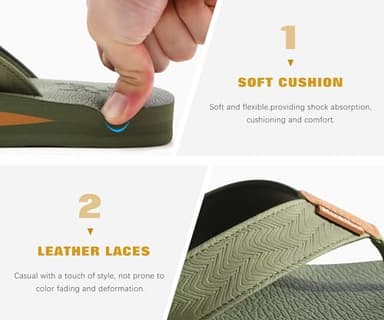 KuaiLu Men's Leather Flip Flops Arch Support Summer Beach Pool Water Thong Sandals Waterproof Rubber Walking Shoes Slip on Orthotic Casual Sport Cushioned Slides Shower Slippers Army Green Size 10.5 - Image 5