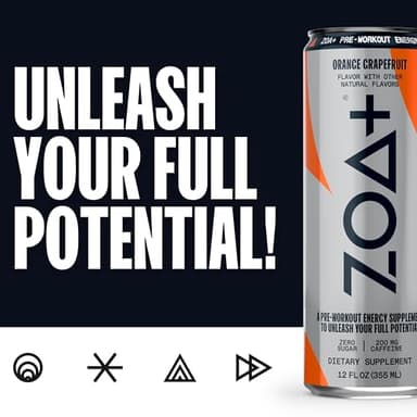 ZOA+ Pre-Workout Energy Drink Supplement - NSF Certified for Sport with Zero Sugar, Nitric Oxide Support, B & D Vitamins, Amino Acids, and Electrolytes (Orange Grapefruit) - Image 3