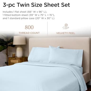 Threadmill Luxury 800 Thread Count 100% Cotton Sheets - Light Blue Sateen Weave Twin Size Bed-Sheets, Better Than Egyptian Cotton,3 Pc Solid Soft Bedding Set, Fits 15" Deep Pocket - Image 2