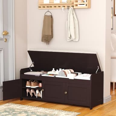 HOMEFORT 41.3" Shoe Bench with Lift Top Storage, Entryway Bench with Cushioned Seat, Wooden End of Bed Bench, Shoe Cabinet Bench with Hidden Storage Space, for Bedroom, Hallway,Espresso - Image 8