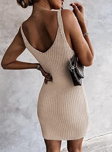 Sidefeel Dresses for Women 2025 Spring V Neck Ribbed Knit Tank Sleeveless Summer Sundress Sexy Bodycon Club Night Out Dresses X-Small Khaki - Image 3