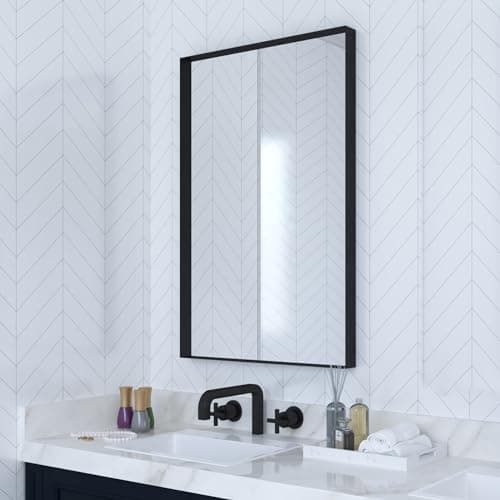 VocalStar Black Metal Framed Bathroom Mirror for Wall, 18 x 26 Inch Square Corner Rectangle Black Bathroom Vanity Mirror Modern Farmhouse, 1/4-inch Shatterproof Glass | Ultra-Flush Hanging - Image 1