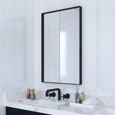 VocalStar Black Metal Framed Bathroom Mirror for Wall, 18 x 26 Inch Square Corner Rectangle Black Bathroom Vanity Mirror Modern Farmhouse, 1/4-inch Shatterproof Glass | Ultra-Flush Hanging - Image 1