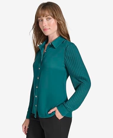 Tommy Hilfiger Women's Suits Long Sleeve Shirt with Pleated Sleeves, Forest, M - Image 3