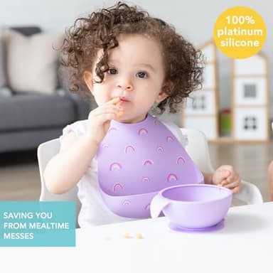 Bumkins Bibs, Silicone Pocket for Babies, Baby Bib for Girl or Boy, for 6-24 Months Up to Toddler, Essential Must Have for Eating, Feeding, Baby Led Weaning Supplies, Mess Saving, Rainbows Purple - Image 2