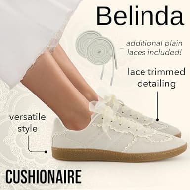 CUSHIONAIRE Belinda Women’s Lace Detail Casual Sneakers – Elegant Ribbon Lace-Up Shoes with Memory Foam, Ivory Vegan Suede 7.5 - Image 2