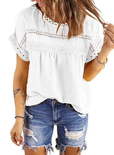 Dokotoo Blouses, Fashion 2025 Summer Crochet Lace Round Neck Short Sleeve Shirts Back Button Down Pom Pom Boho Casual Solid Chiffon Womens Tops White Medium - Image 1